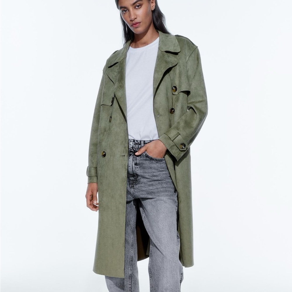 NWT Zara Faux Suede Topcoat Olive Green Small S